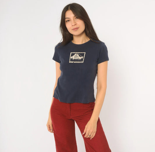 Y2K Kavio Yosemite National Park Baby Tee Navy Blue Mountain Graphic Medium M