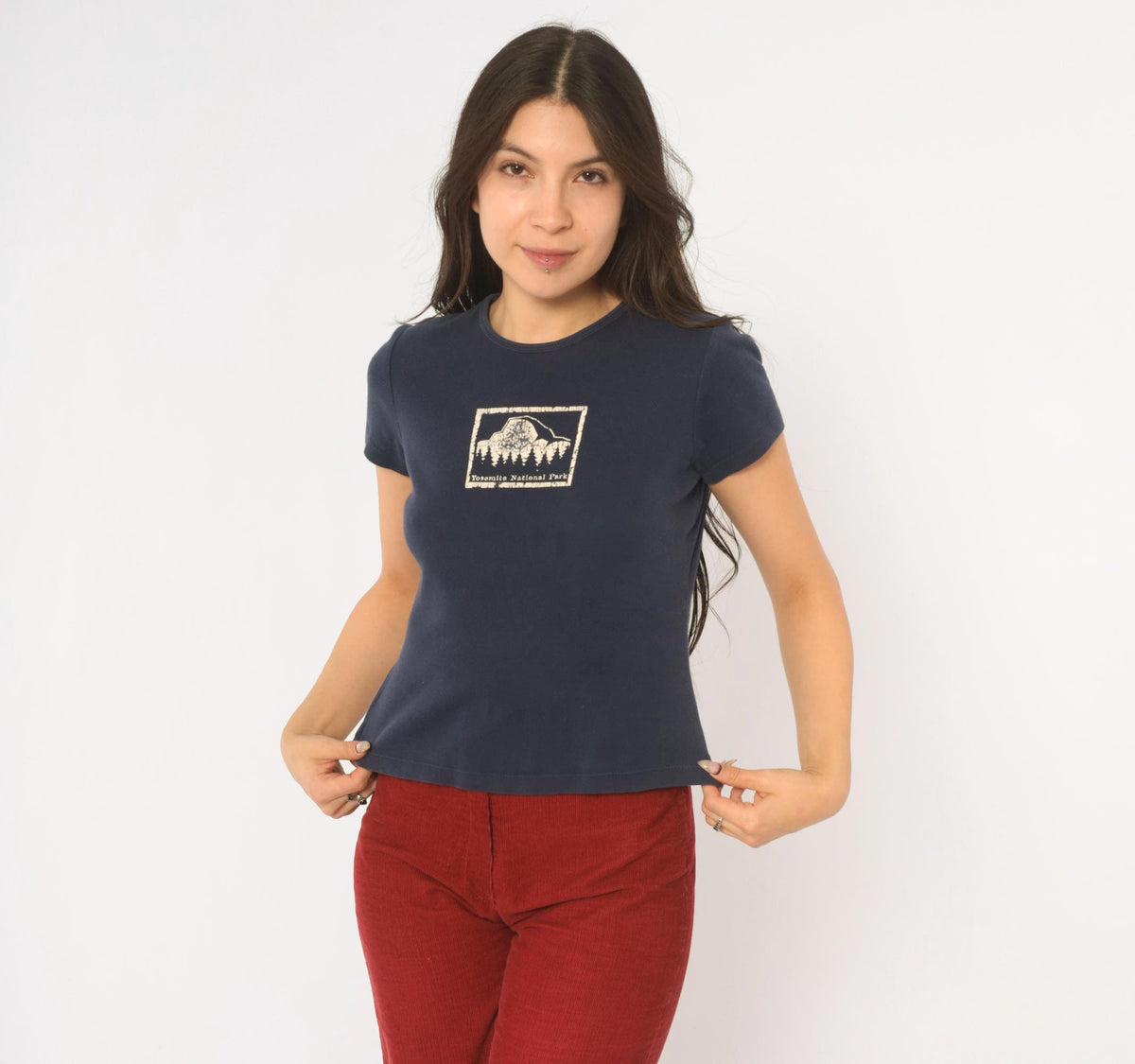 Y2K Kavio Yosemite National Park Baby Tee Navy Blue Mountain Graphic Medium M
