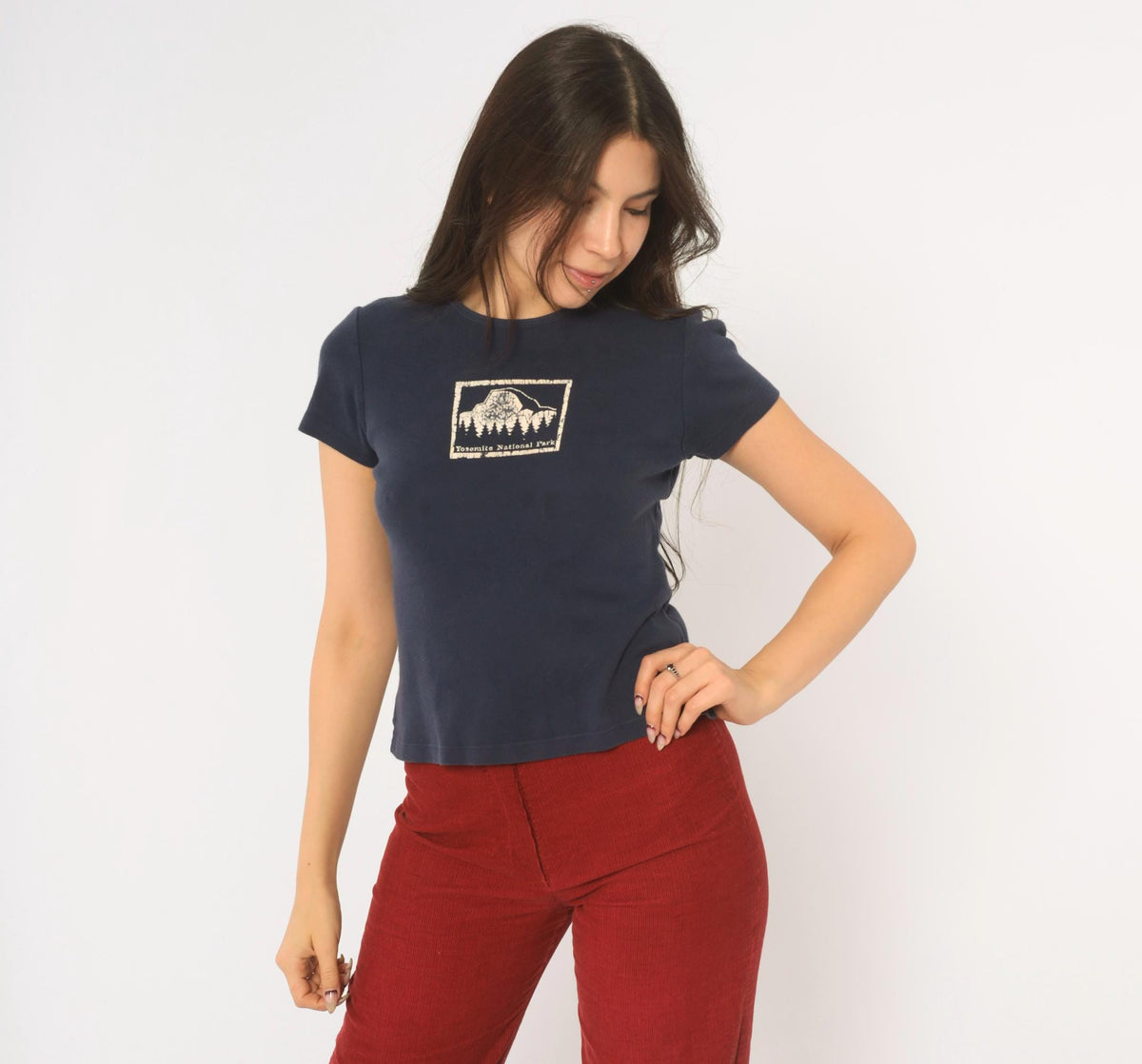 Y2K Kavio Yosemite National Park Baby Tee Navy Blue Mountain Graphic Medium M
