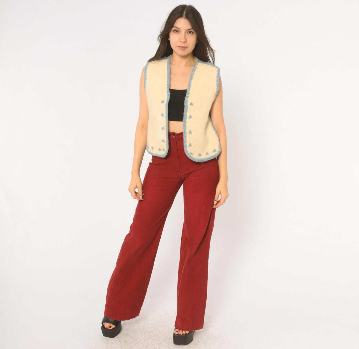 70s Cream Wool Vest Blue Embroidered Crochet Trim V Neck Cropped Extra Small XS
