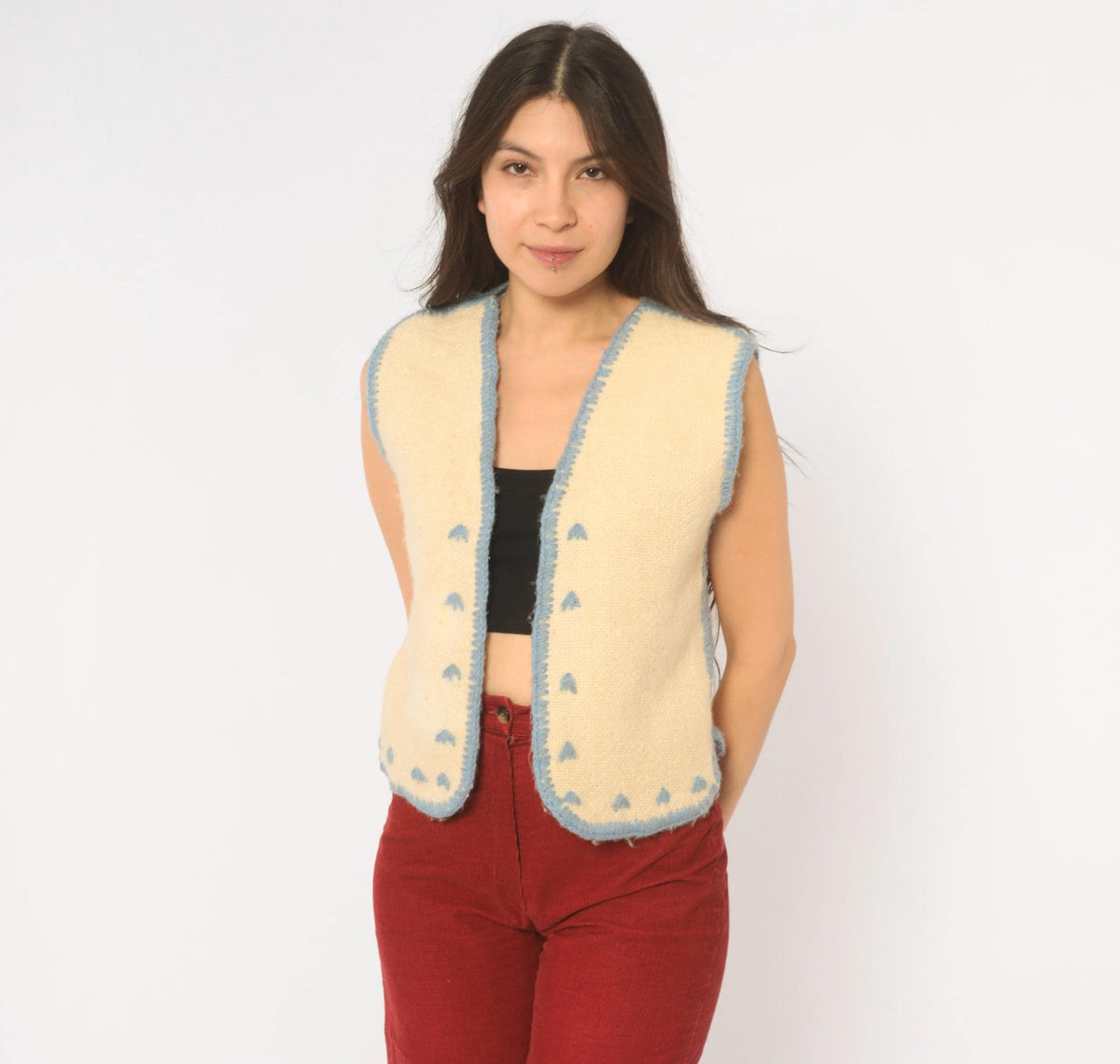 70s Cream Wool Vest Blue Embroidered Crochet Trim V Neck Cropped Extra Small XS