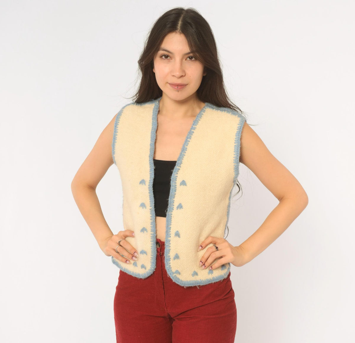70s Cream Wool Vest Blue Embroidered Crochet Trim V Neck Cropped Extra Small XS