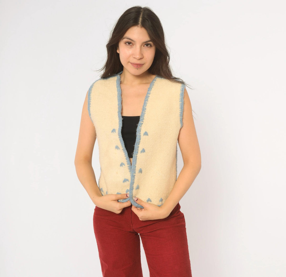 70s Cream Wool Vest Blue Embroidered Crochet Trim V Neck Cropped Extra Small XS