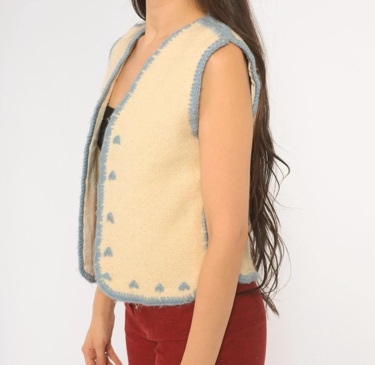 70s Cream Wool Vest Blue Embroidered Crochet Trim V Neck Cropped Extra Small XS