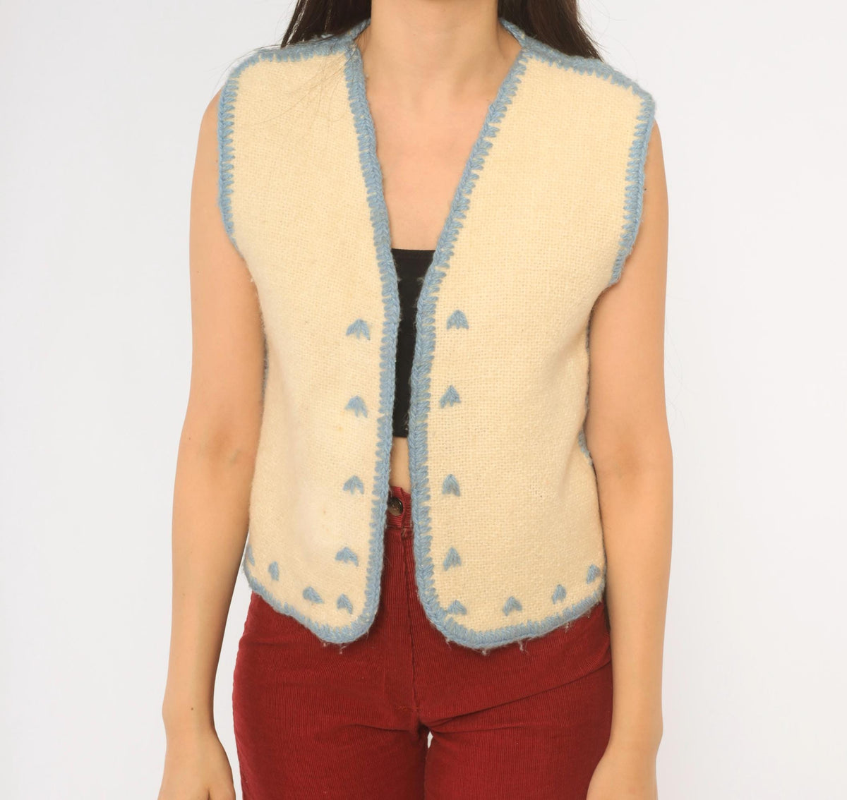 70s Cream Wool Vest Blue Embroidered Crochet Trim V Neck Cropped Extra Small XS