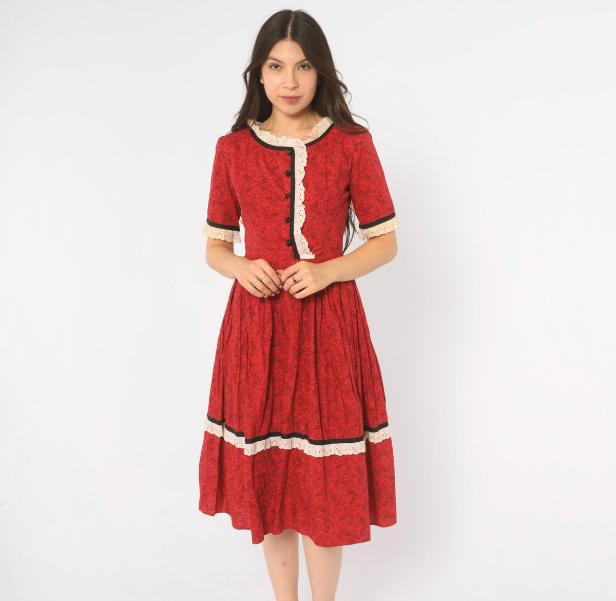 60s Red Paisley Cotton Dress Black Eyelet Lace Button Front Full Skirt Extra Small XS
