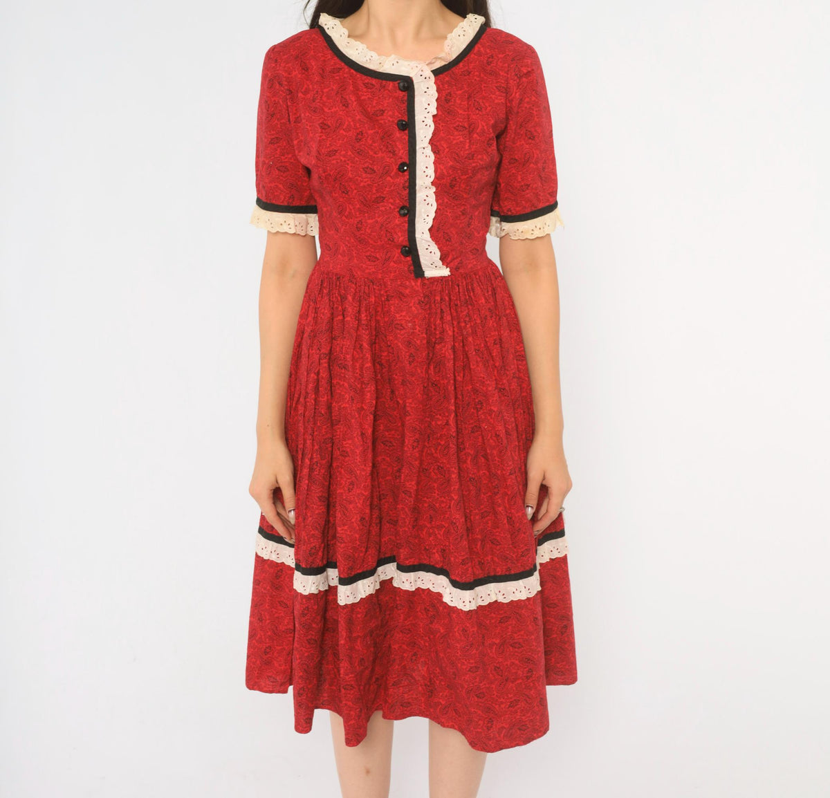 60s Red Paisley Cotton Dress Black Eyelet Lace Button Front Full Skirt Extra Small XS
