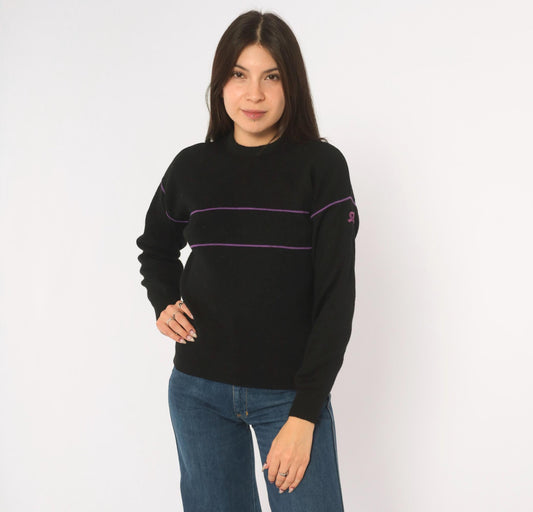 80s Demetre Black Wool Sweater Purple Stripe Crewneck Small S