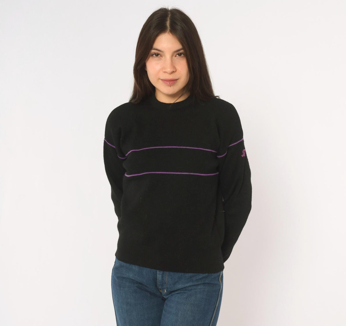 80s Demetre Black Wool Sweater Purple Stripe Crewneck Small S