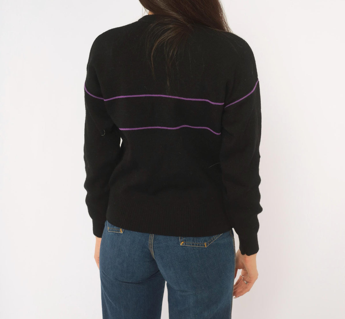 80s Demetre Black Wool Sweater Purple Stripe Crewneck Small S