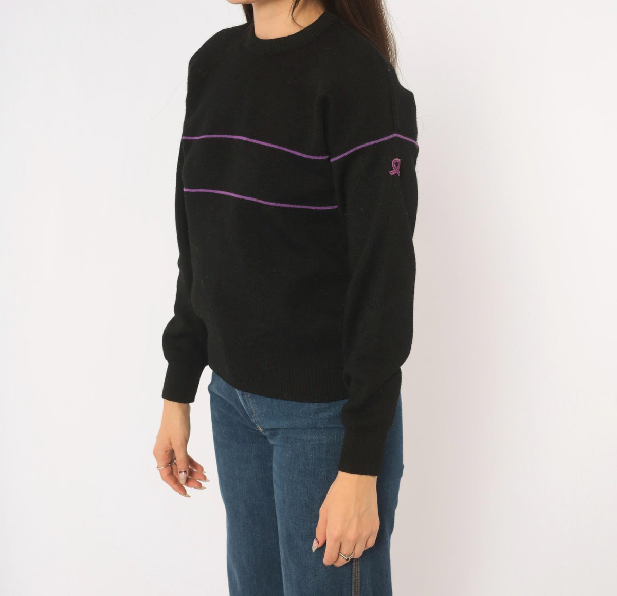 80s Demetre Black Wool Sweater Purple Stripe Crewneck Small S