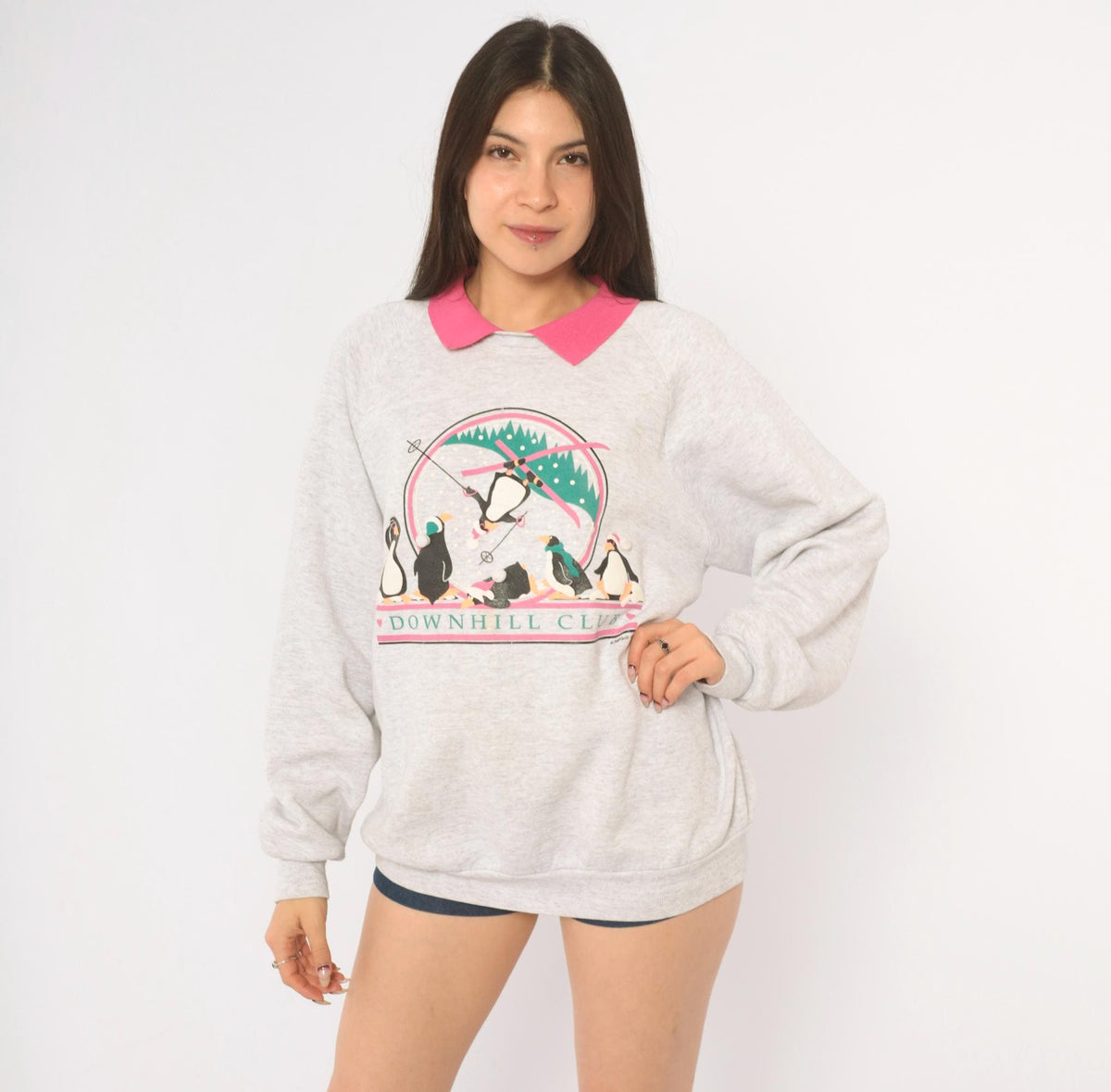 90s PegiGoff Penguin Ski Sweatshirt Grey Pink Collar Graphic Crewneck Large L