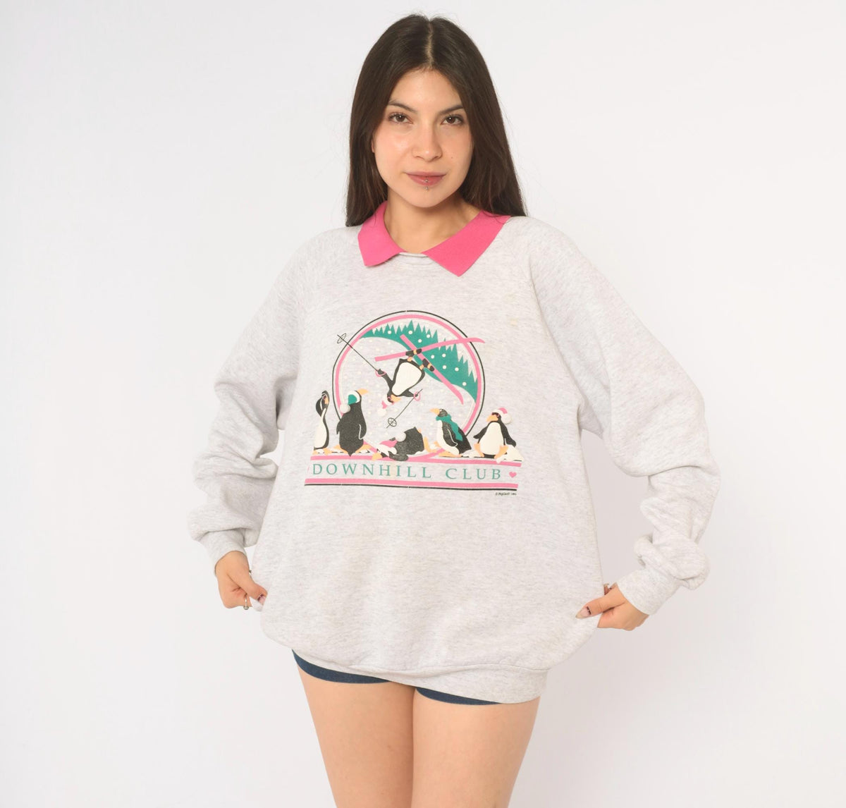 90s PegiGoff Penguin Ski Sweatshirt Grey Pink Collar Graphic Crewneck Large L