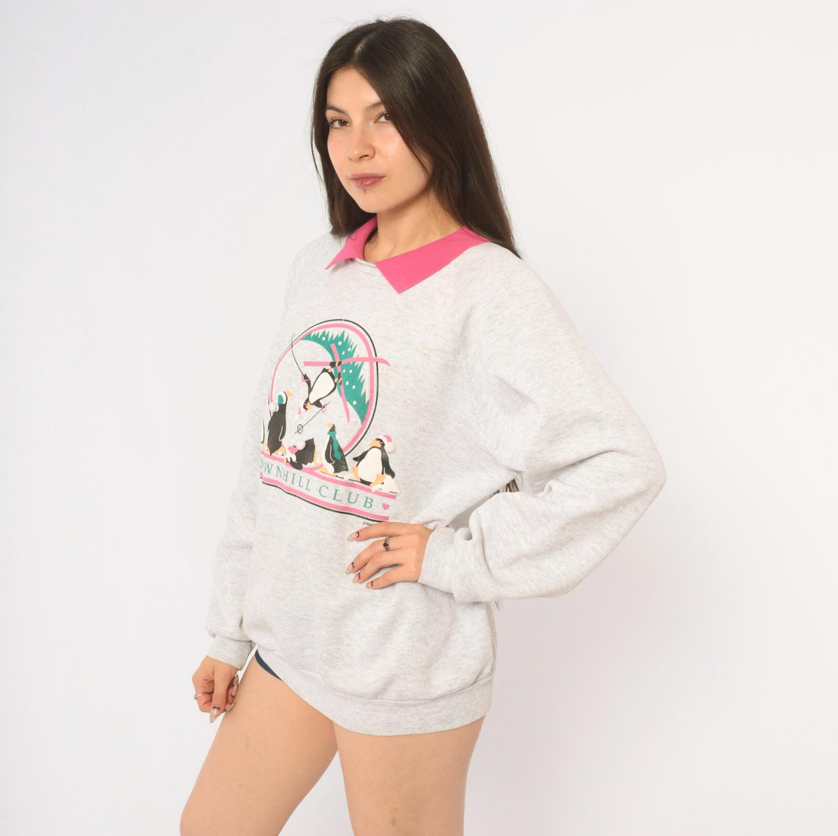 90s PegiGoff Penguin Ski Sweatshirt Grey Pink Collar Graphic Crewneck Large L