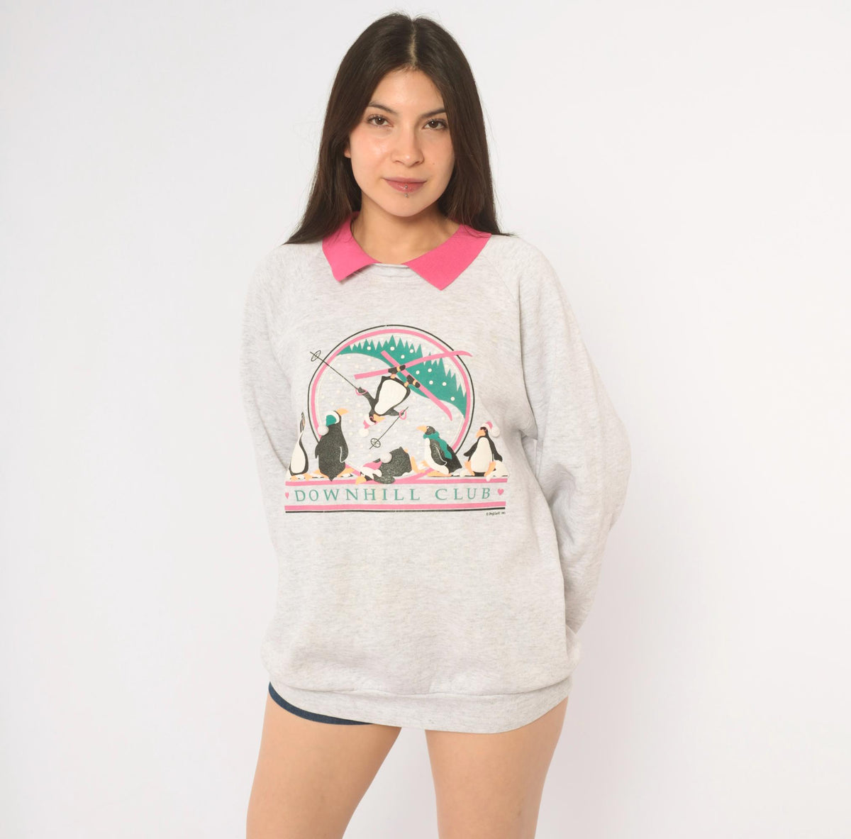 90s PegiGoff Penguin Ski Sweatshirt Grey Pink Collar Graphic Crewneck Large L