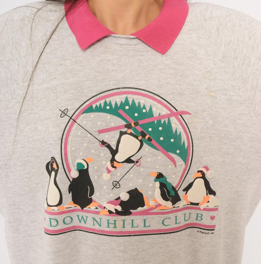 90s PegiGoff Penguin Ski Sweatshirt Grey Pink Collar Graphic Crewneck Large L