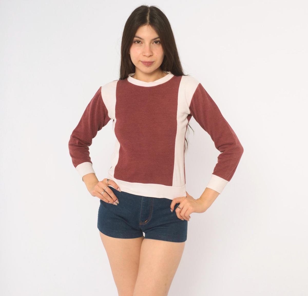 80s Color Block Crewneck Sweatshirt Burgundy White Cropped Knit XXS