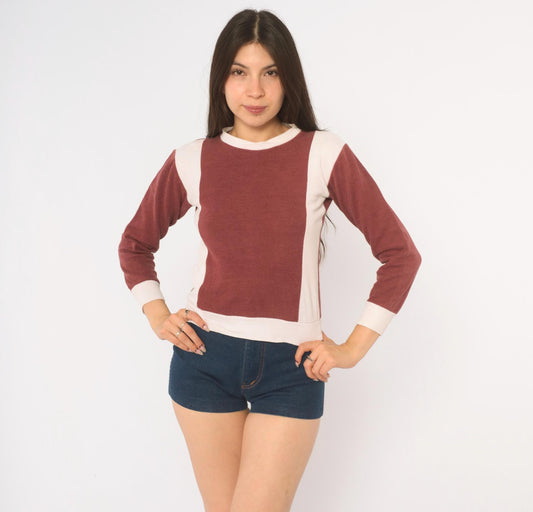 80s Color Block Crewneck Sweatshirt Burgundy White Cropped Knit XXS