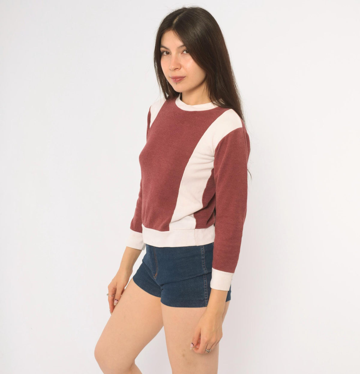 80s Color Block Crewneck Sweatshirt Burgundy White Cropped Knit XXS