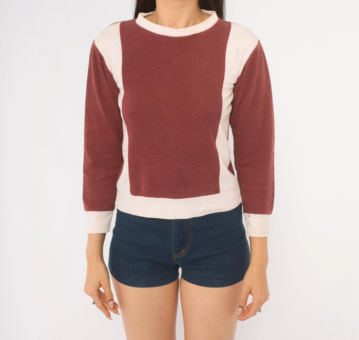 80s Color Block Crewneck Sweatshirt Burgundy White Cropped Knit XXS