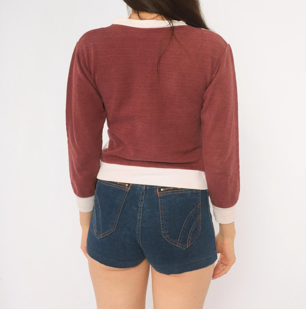 80s Color Block Crewneck Sweatshirt Burgundy White Cropped Knit XXS