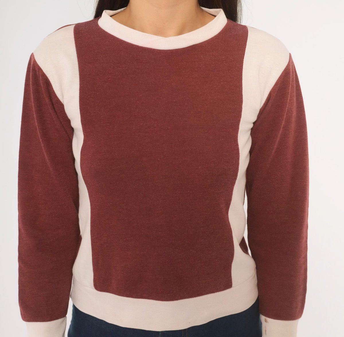 80s Color Block Crewneck Sweatshirt Burgundy White Cropped Knit XXS