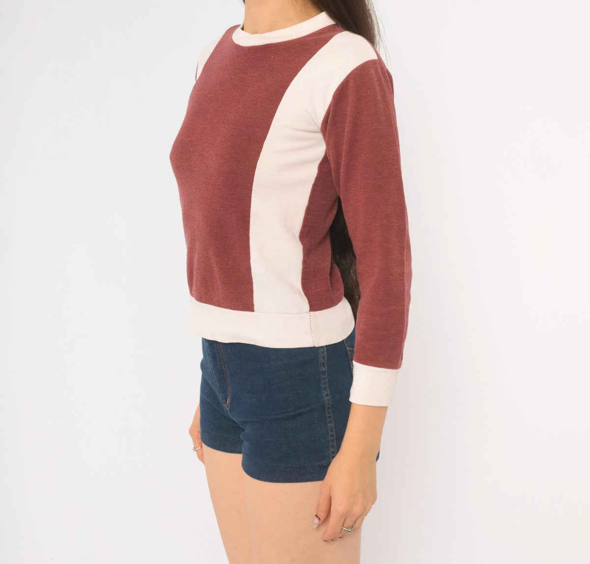 80s Color Block Crewneck Sweatshirt Burgundy White Cropped Knit XXS