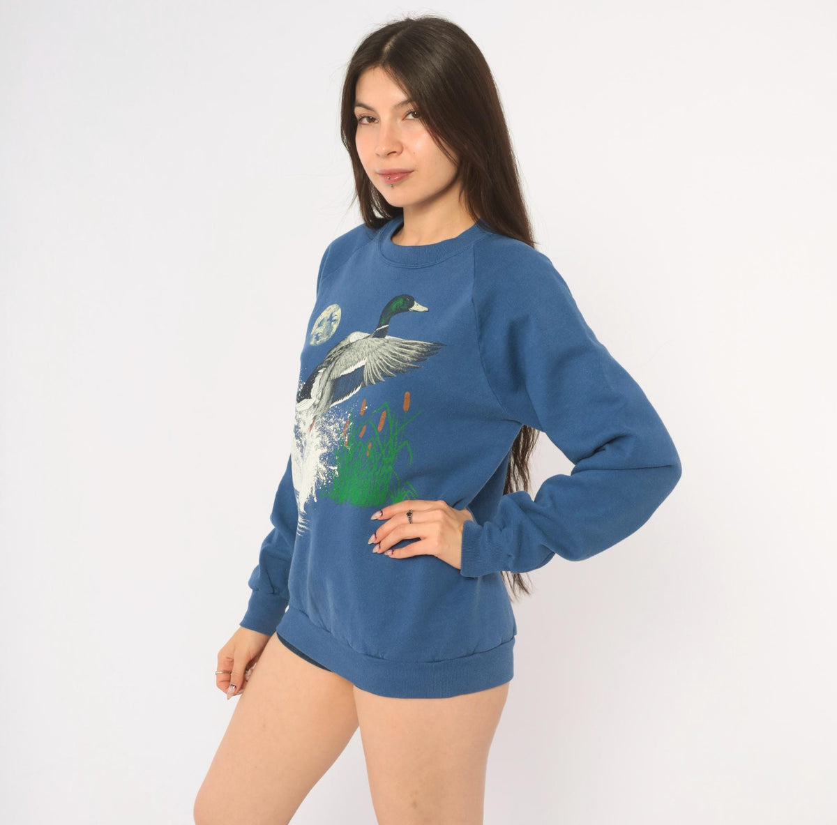 90s Jerzees Duck Sweatshirt Cobalt Blue Mallard Graphic Crewneck Medium