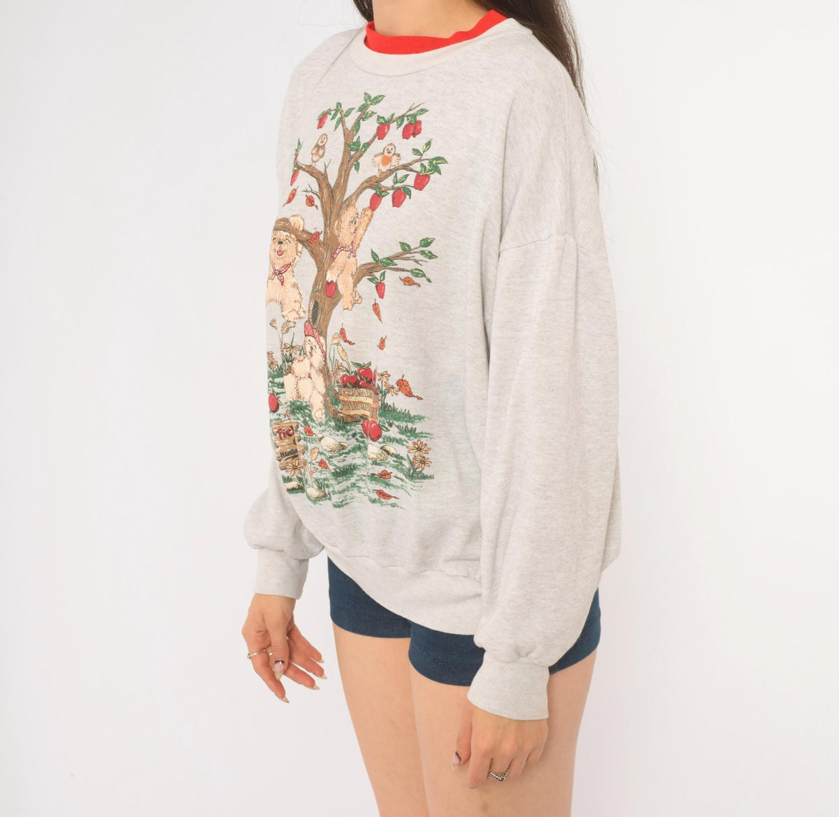 90s Basic Editions Teddy Bear Apple Tree Sweatshirt Grey Raglan Large L