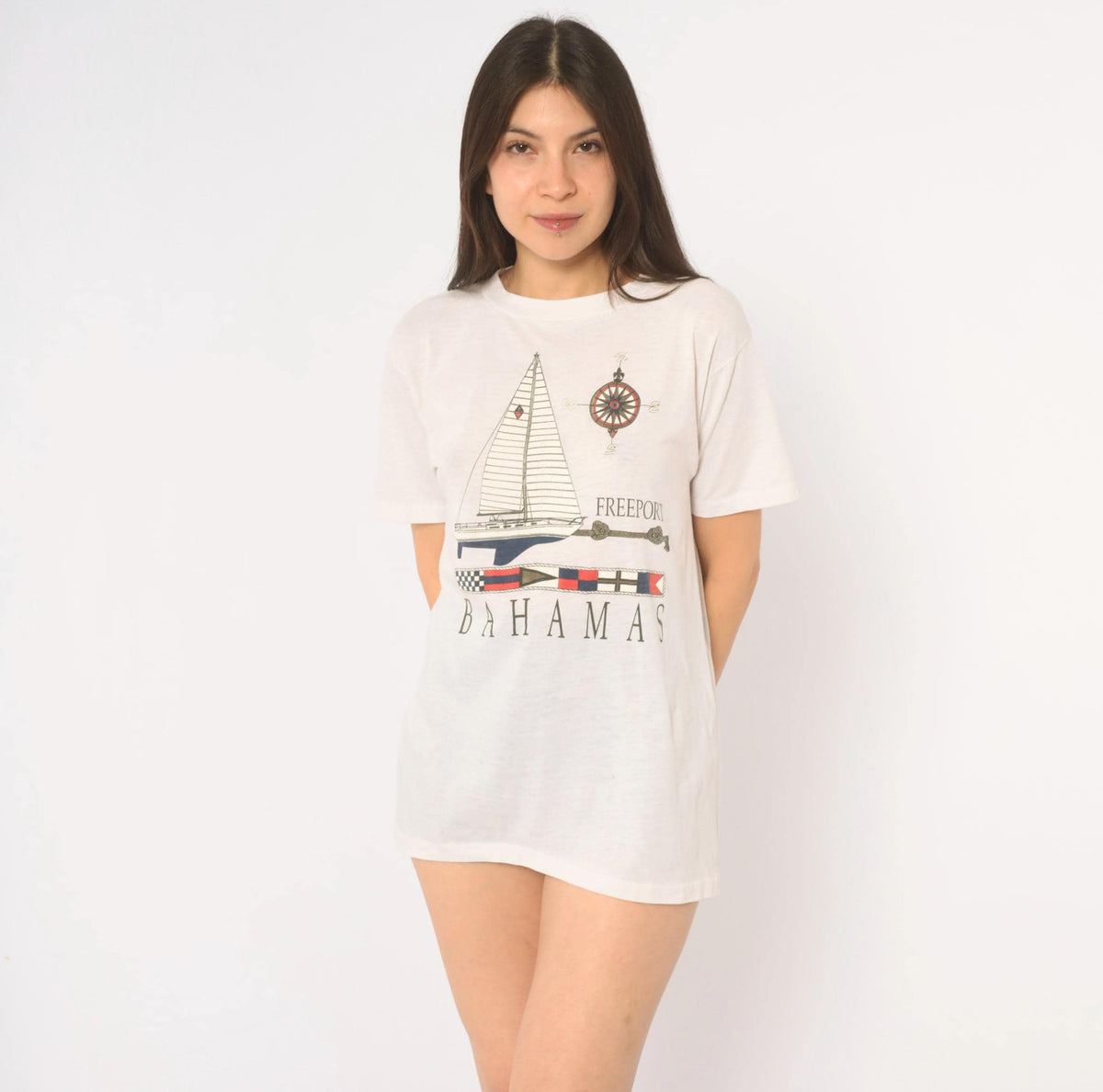 90s Bahamas Freeport Sailboat Compass Souvenir Tee White Graphic Medium