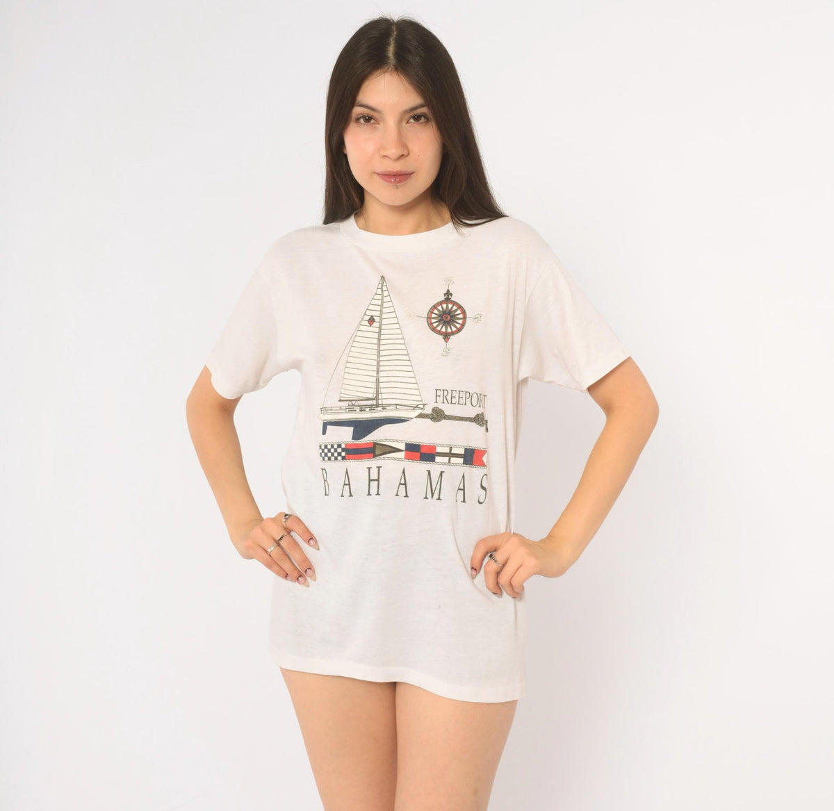 90s Bahamas Freeport Sailboat Compass Souvenir Tee White Graphic Medium