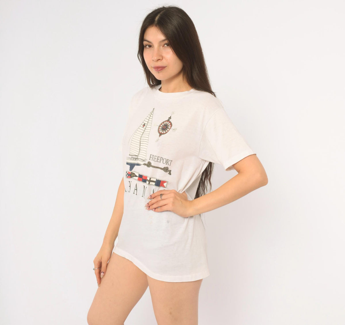 90s Bahamas Freeport Sailboat Compass Souvenir Tee White Graphic Medium