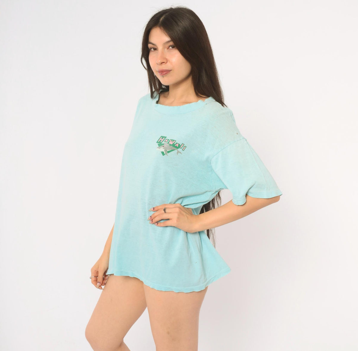 90s Super Cru Hawaii Whale Graphic Tee Light Blue Cotton Large L