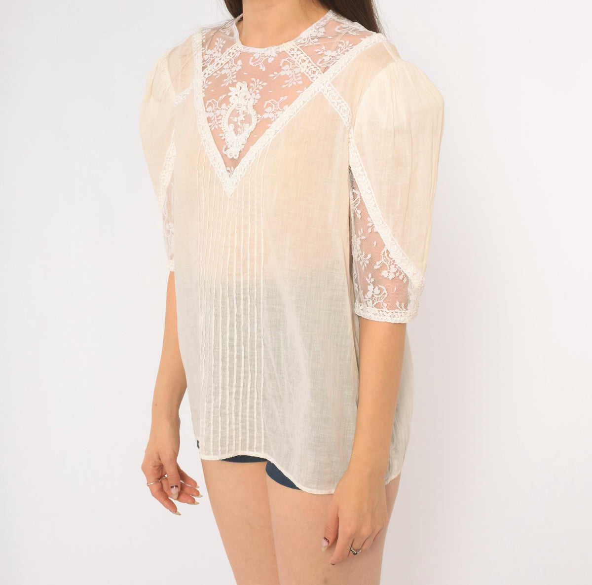 80s Scott Mcclintock White Lace Blouse Puff Sleeve Pintuck Cotton Large L