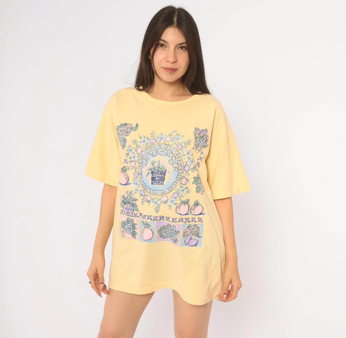 90s Casual News Floral Graphic Tee Yellow Pastel Fruit Print Small S