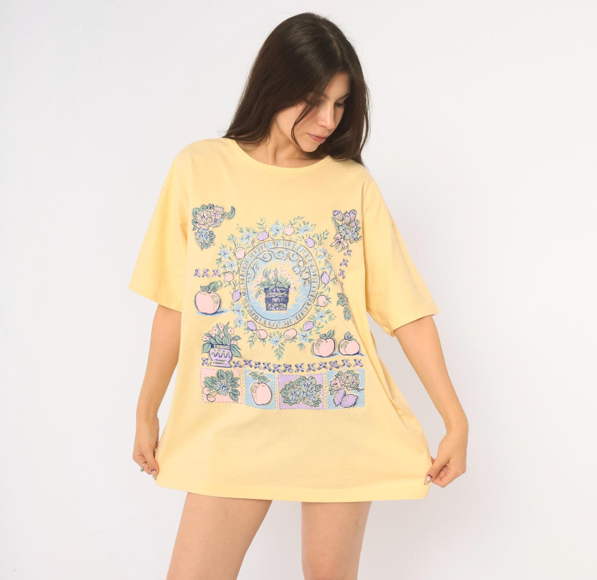 90s Casual News Floral Graphic Tee Yellow Pastel Fruit Print Small S