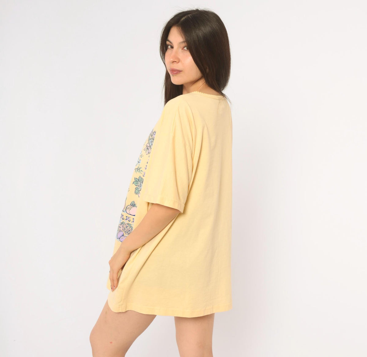 90s Casual News Floral Graphic Tee Yellow Pastel Fruit Print Small S