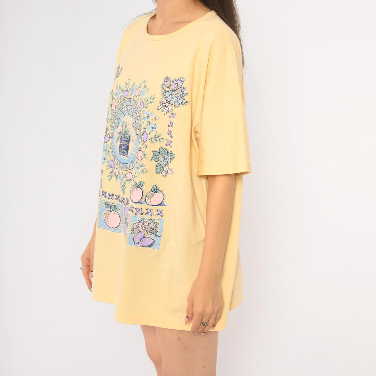 90s Casual News Floral Graphic Tee Yellow Pastel Fruit Print Small S