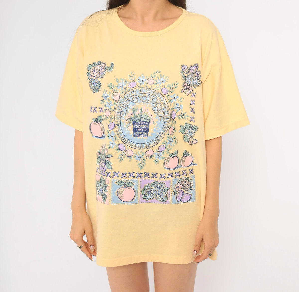90s Casual News Floral Graphic Tee Yellow Pastel Fruit Print Small S