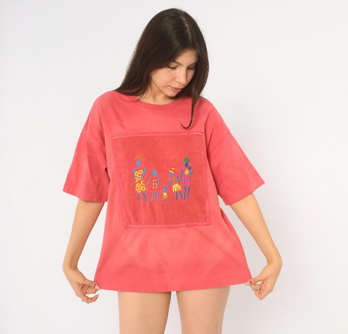 Y2K Johnny Was Coral Embroidered Cotton Tee Figures Folk Art Medium M
