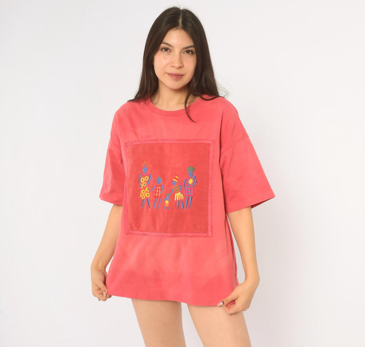 Y2K Johnny Was Coral Embroidered Cotton Tee Figures Folk Art Medium M