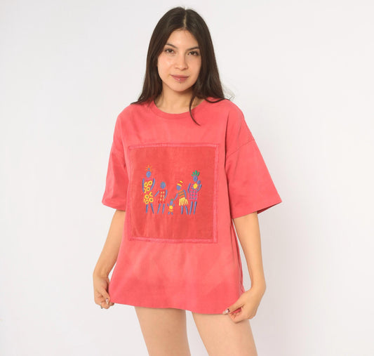 Y2K Johnny Was Coral Embroidered Cotton Tee Figures Folk Art Medium M