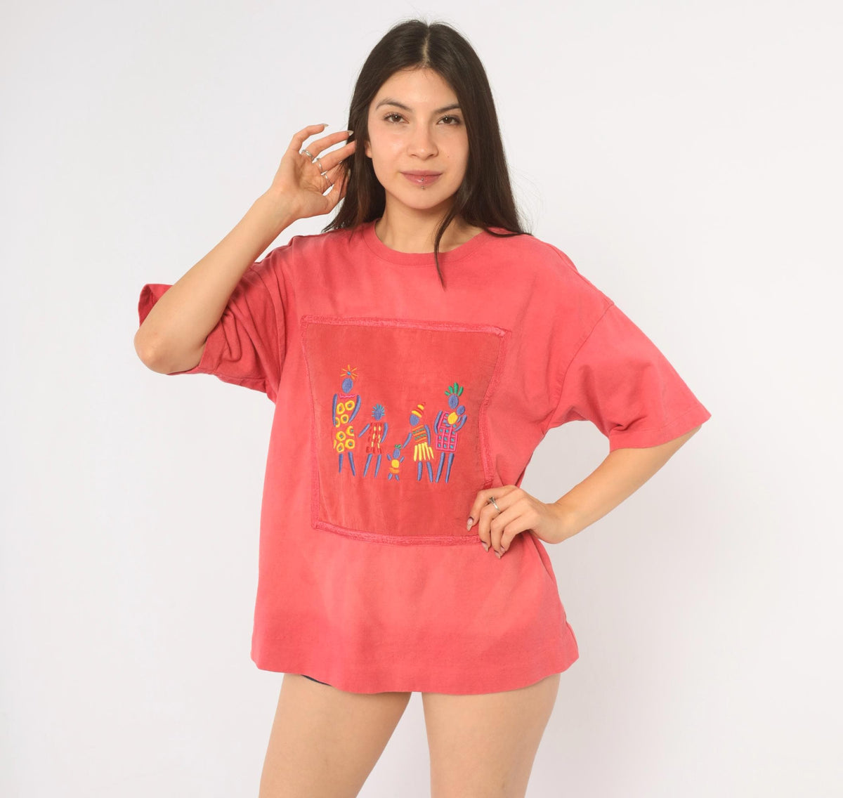 Y2K Johnny Was Coral Embroidered Cotton Tee Figures Folk Art Medium M