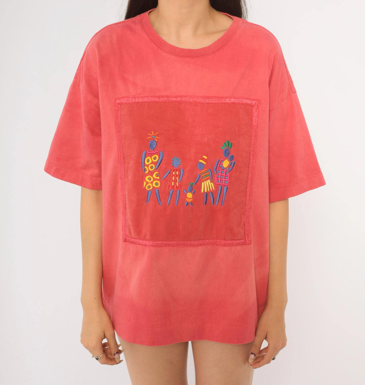 Y2K Johnny Was Coral Embroidered Cotton Tee Figures Folk Art Medium M