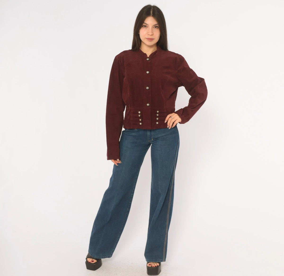 Y2K Burgundy Corduroy Jacket Cropped Military Stand Collar Peplum Large L