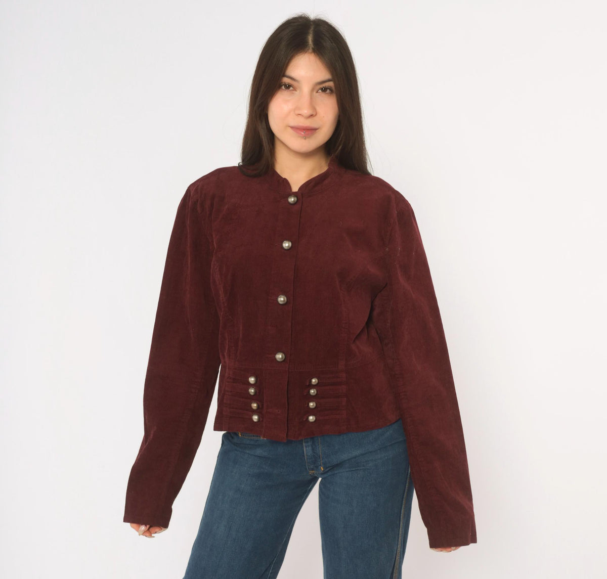 Y2K Burgundy Corduroy Jacket Cropped Military Stand Collar Peplum Large L