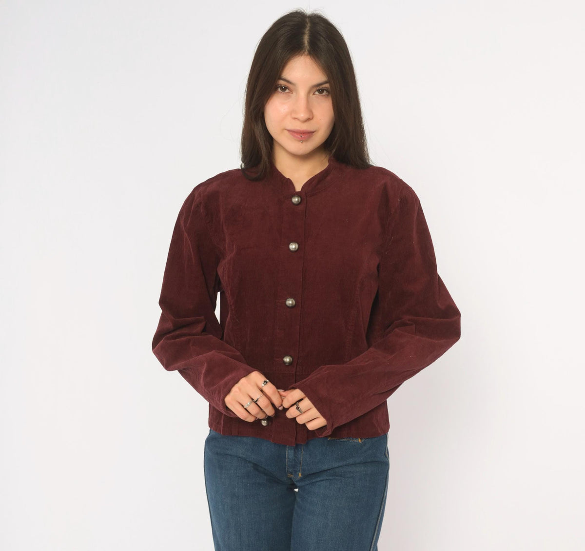 Y2K Burgundy Corduroy Jacket Cropped Military Stand Collar Peplum Large L