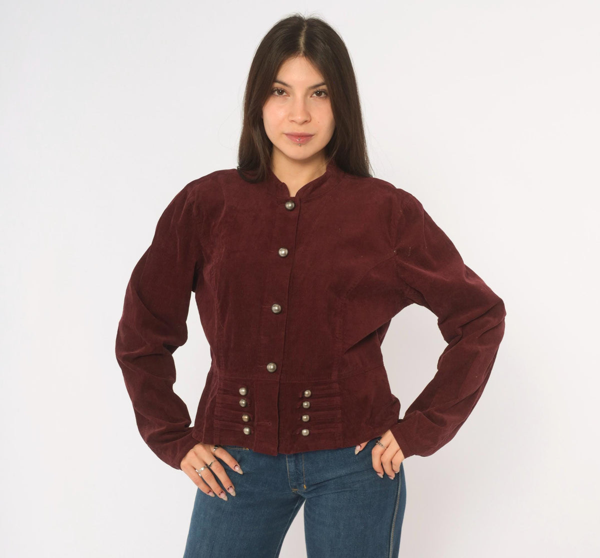 Y2K Burgundy Corduroy Jacket Cropped Military Stand Collar Peplum Large L