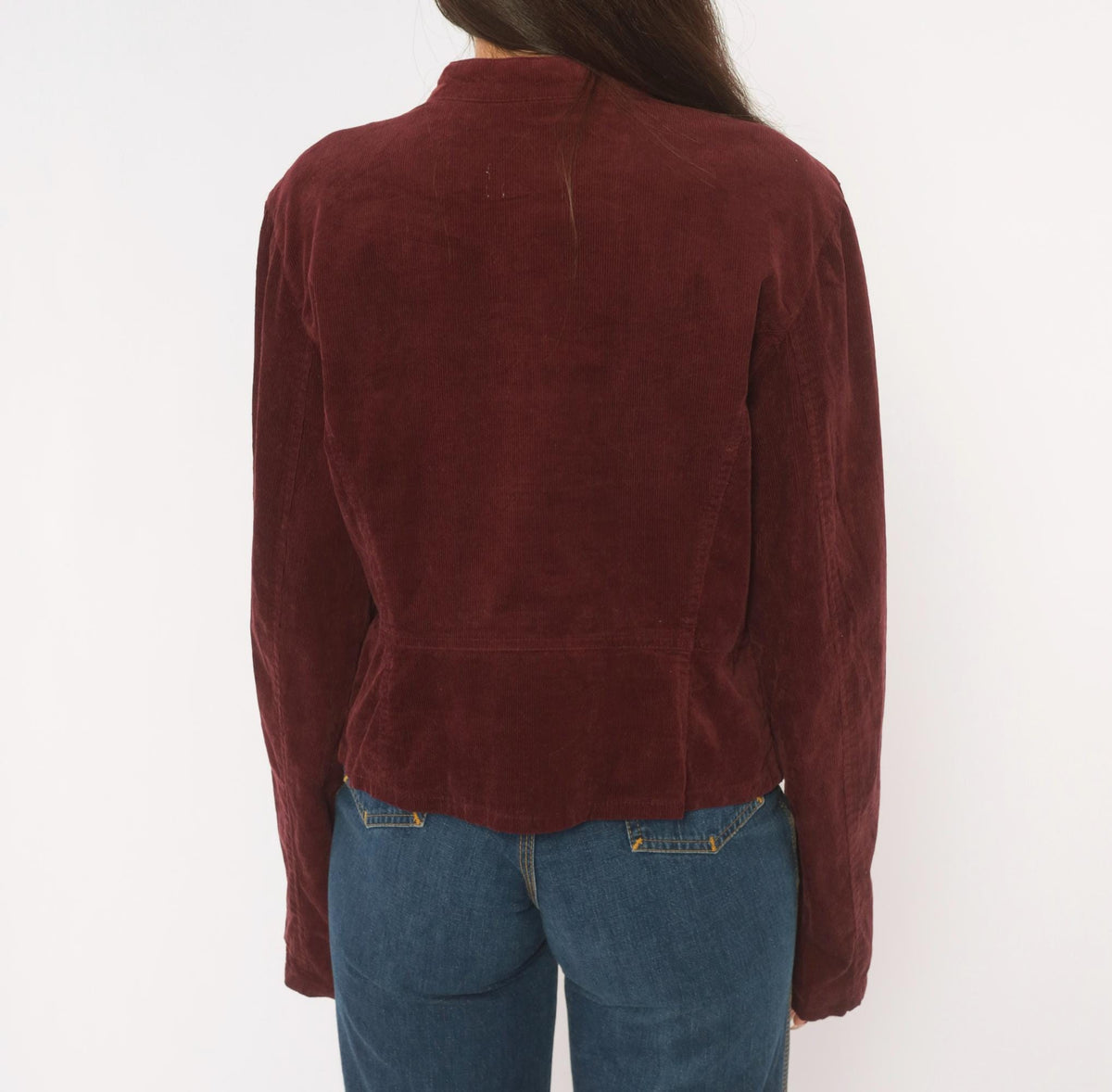 Y2K Burgundy Corduroy Jacket Cropped Military Stand Collar Peplum Large L