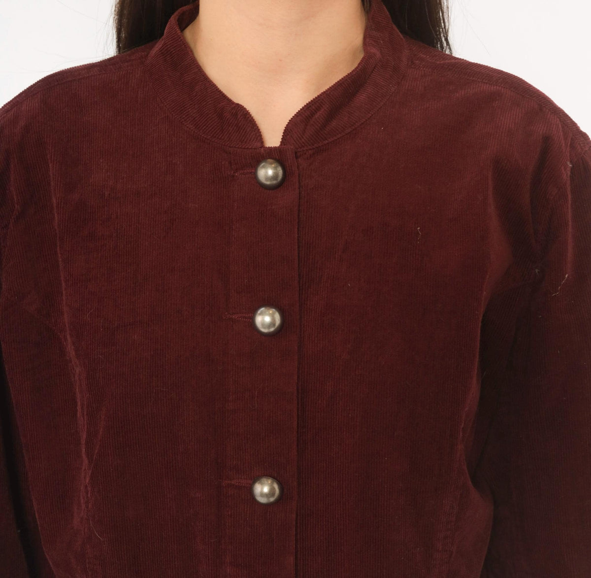 Y2K Burgundy Corduroy Jacket Cropped Military Stand Collar Peplum Large L